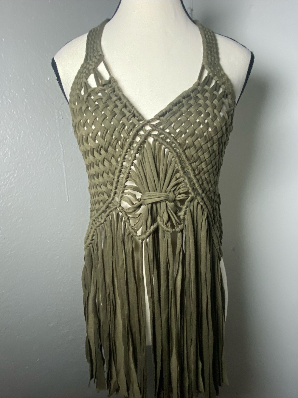 Y2K Boho Fairy Olive Green Woven Jersey Halter Top Size Small/Medium